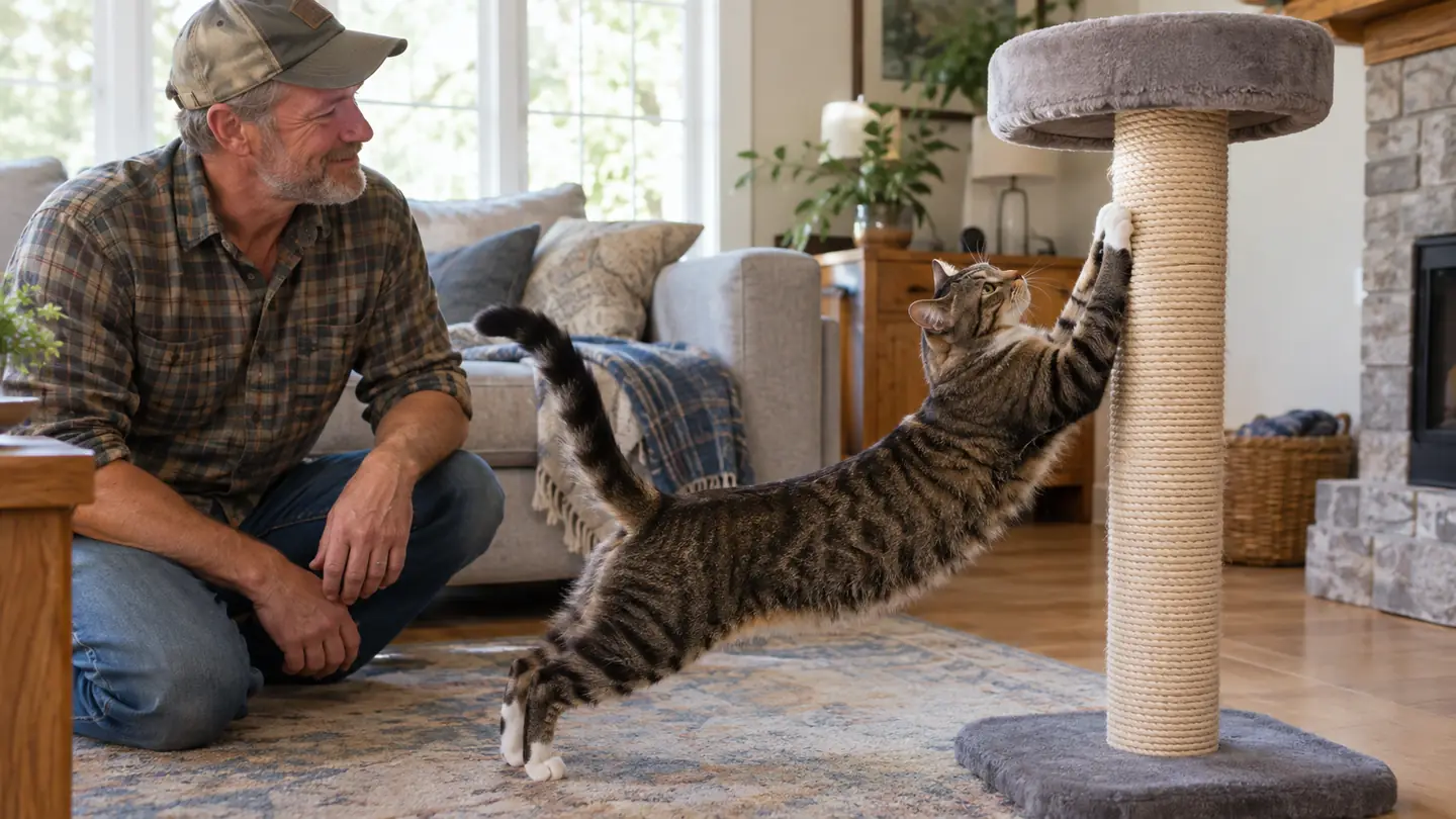 A cat mid-stretch with front paws on the sisal of a tall scratching post