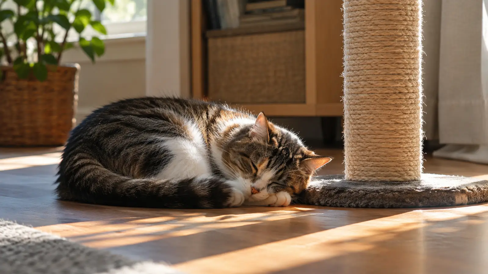 A cat napping in a patch of sunlight on the floor beside the base of a tall scratching post