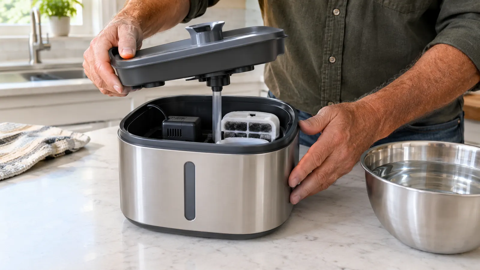 A hand lifting the top lid off a pet water fountain next to a stainless steel mixing bowl