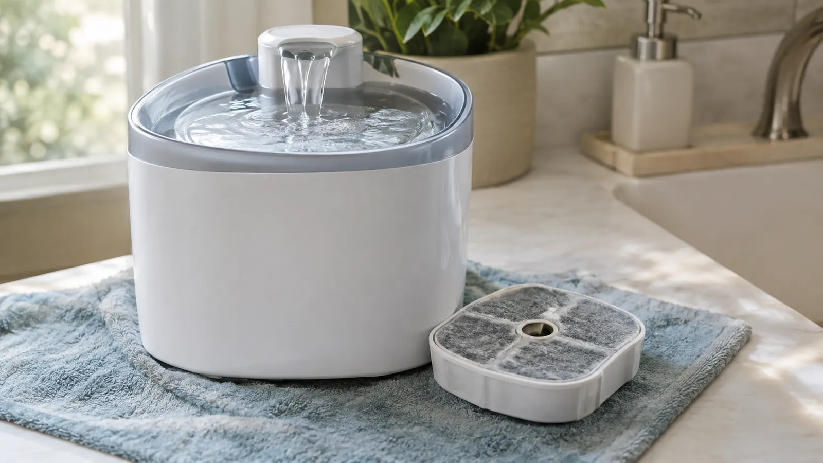 A clean pet water fountain with a filter cartridge sitting beside it on a towel