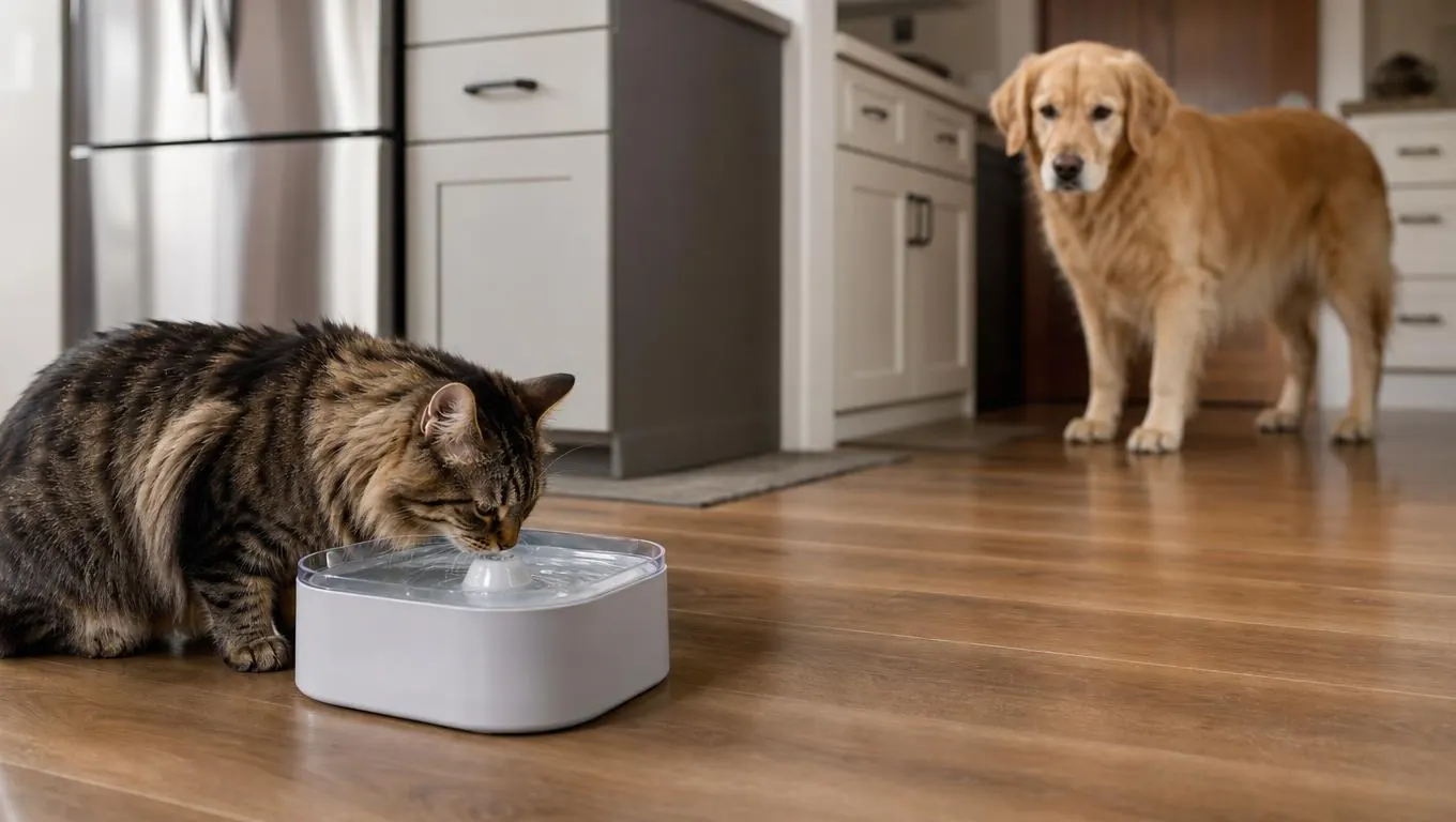 A cat drinking from the water fountain while the dog watches from a few feet away