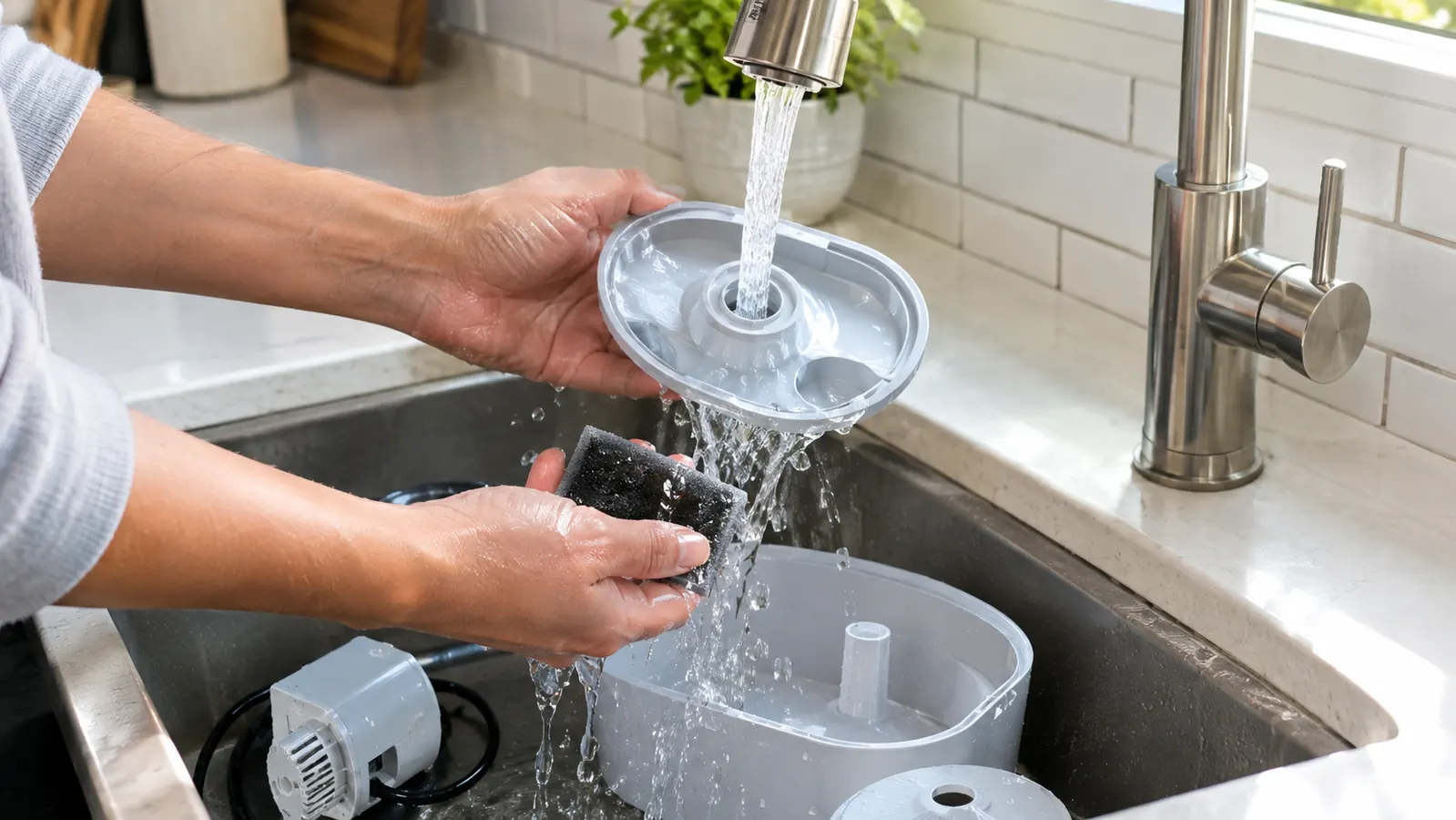 Hands rinsing the disassembled parts of a pet water fountain at a kitchen sink
