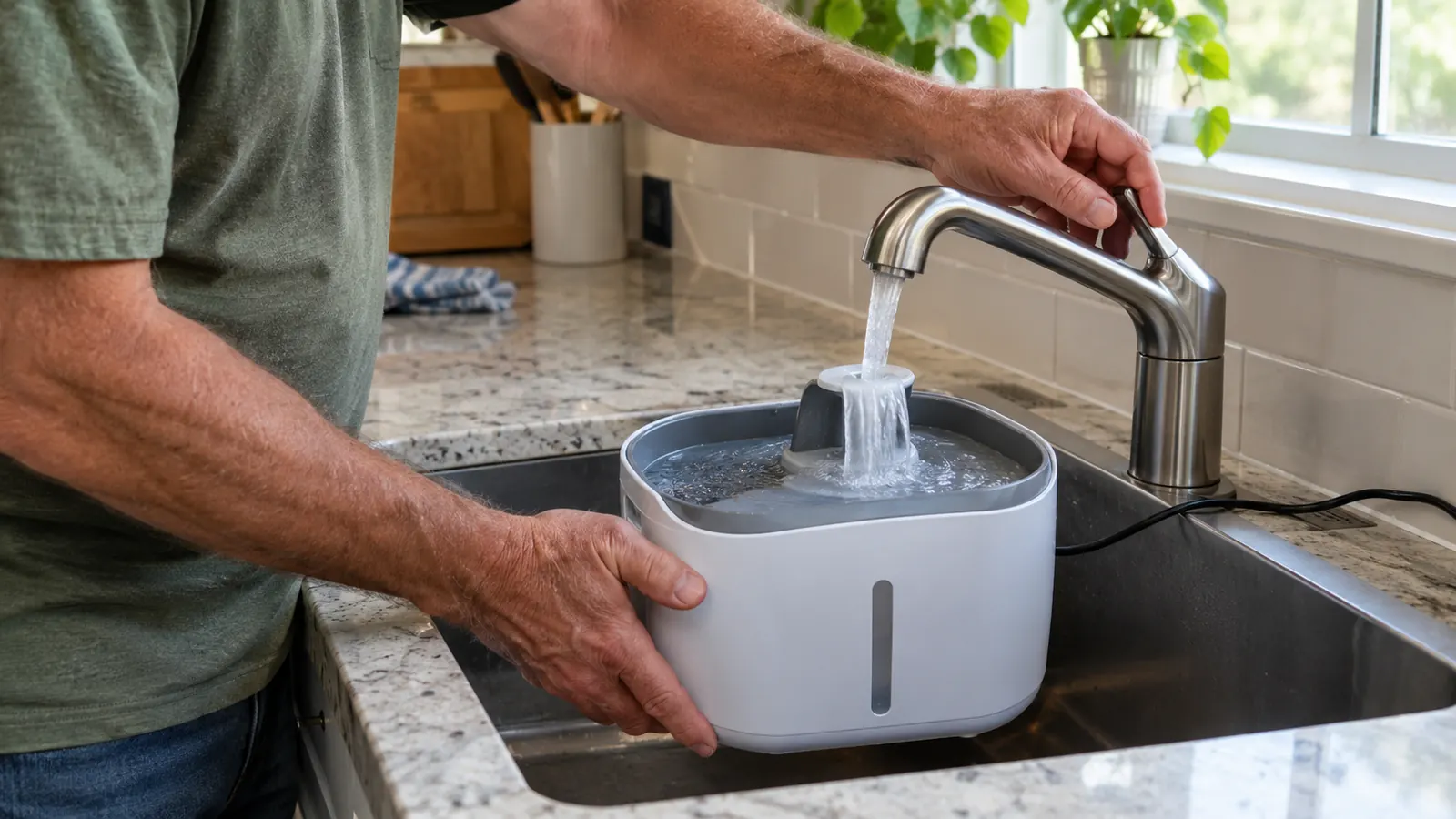 A person filling a pet water fountain at the kitchen sink