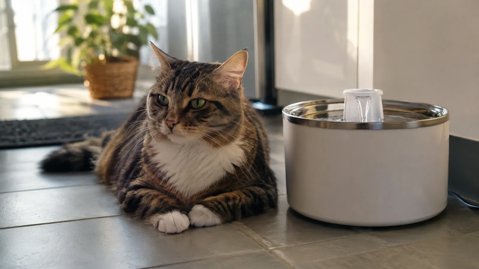 A cat resting beside a pet water fountain on the floor
