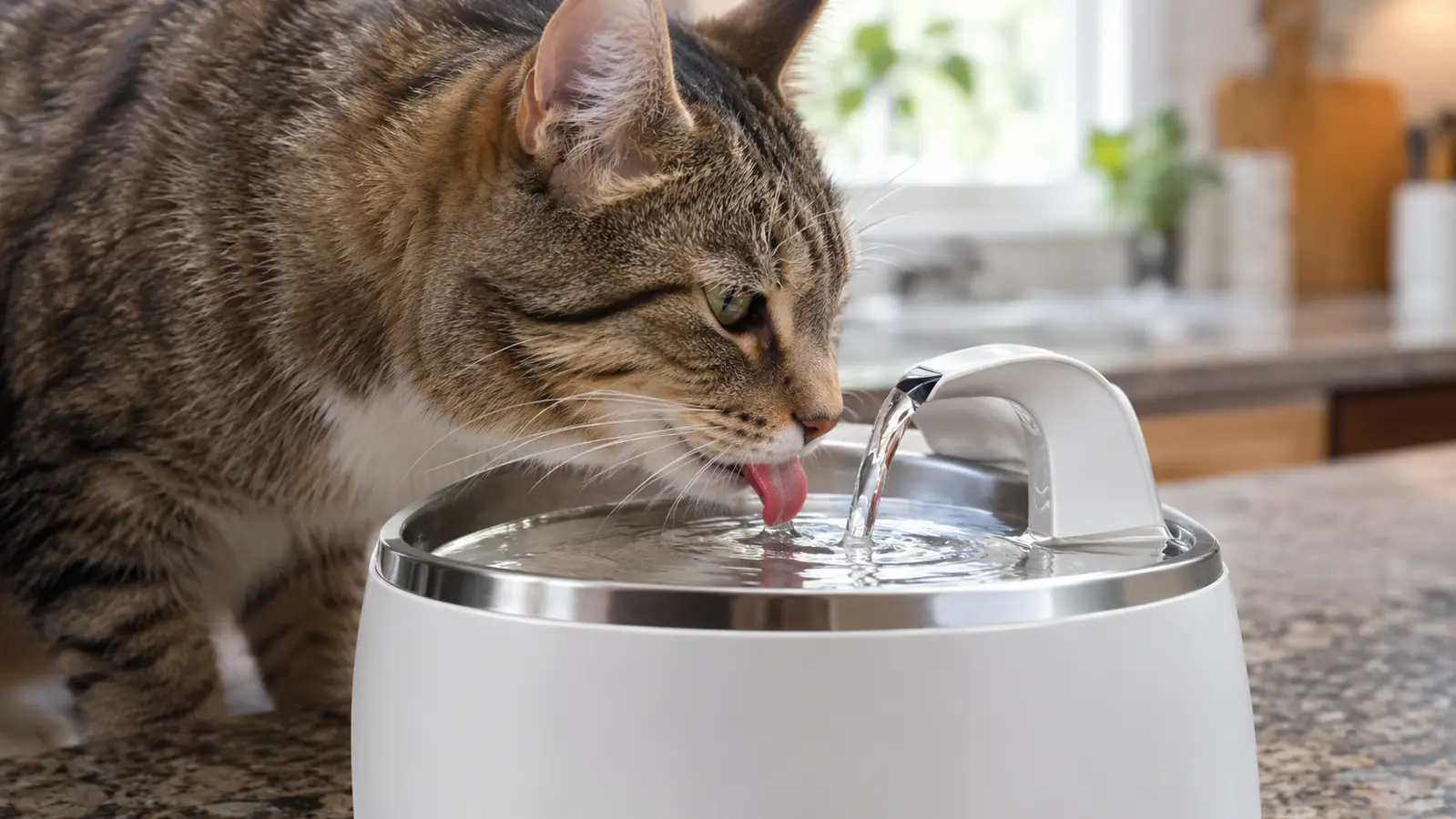 Close view of a cat lowering its head to drink from a pet water fountain
