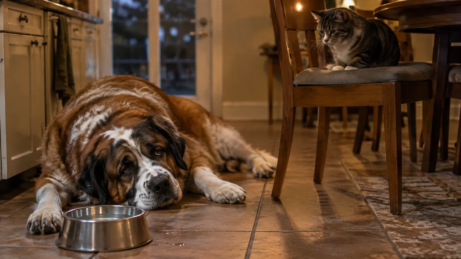 A large dog lying on a kitchen floor near a water bowl while a cat watches from a chair